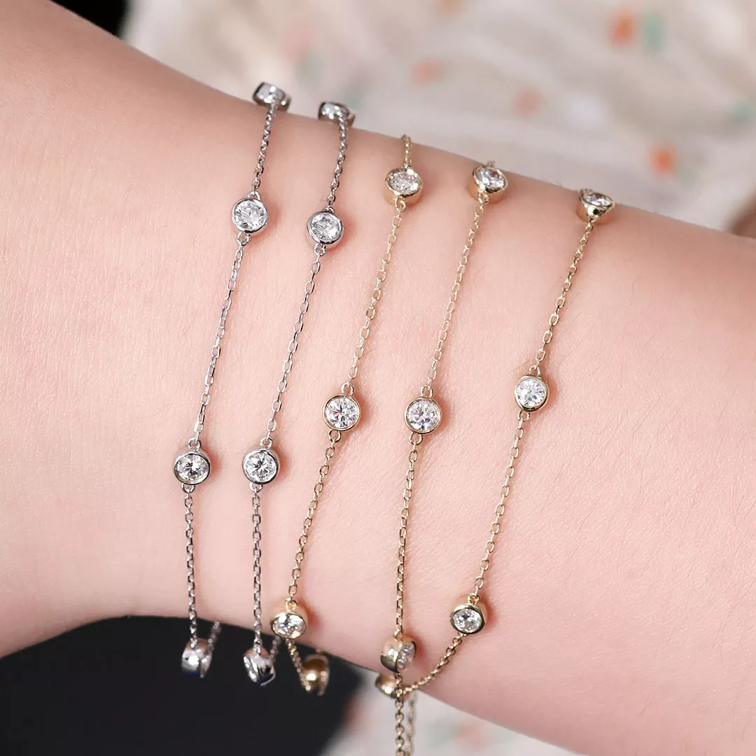 3mm Bezel Station Bracelet (2) 3mm Bezel Station Bracelet - 10K / 14K / 18K Gold (Yellow / White / Rose) lab diamond/lab gems/moissanite - Image 1