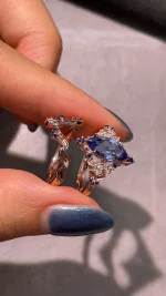 2ct Marquise Royal Blue Sappire Ring Set | Flush Fit Curved Band - Image 8