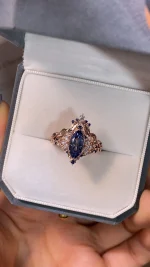 2ct Marquise Royal Blue Sappire Ring Set | Flush Fit Curved Band - Image 5