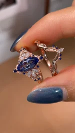 2ct Marquise Royal Blue Sappire Ring Set | Flush Fit Curved Band - Image 6