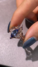 2ct Marquise Royal Blue Sappire Ring Set | Flush Fit Curved Band - Image 7