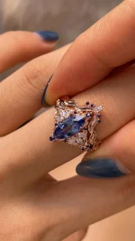 2ct Marquise Royal Blue Sappire Ring Set | Flush Fit Curved Band - Image 10