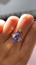 2ct Marquise Royal Blue Sappire Ring Set | Flush Fit Curved Band - Image 2