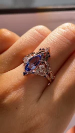 2ct Marquise Royal Blue Sappire Ring Set | Flush Fit Curved Band - Image 3