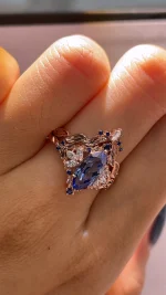 2ct Marquise Royal Blue Sappire Ring Set | Flush Fit Curved Band - Image 4