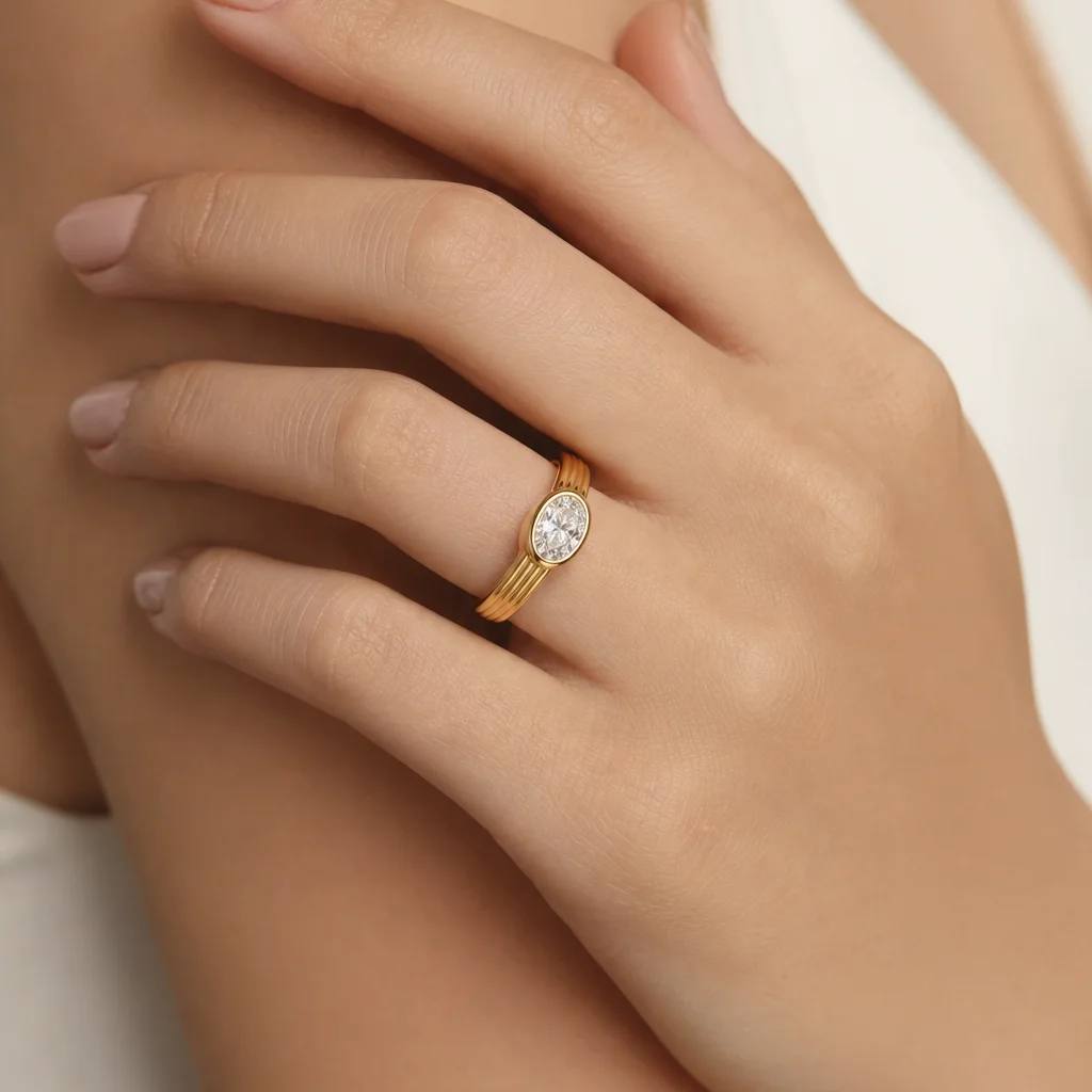 1ct Oval Cut Chunky Ring (1) 1ct Oval Cut Chunky Ring - 10K / 14K / 18K Gold (Yellow / White / Rose) lab diamond/moissanite - Image 1
