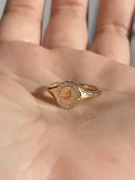 Engravable Halo Signet Ring - 10K / 14K / 18K Gold (Yellow / White / Rose) lab diamond/moissanite/lab gemstone - Image 4