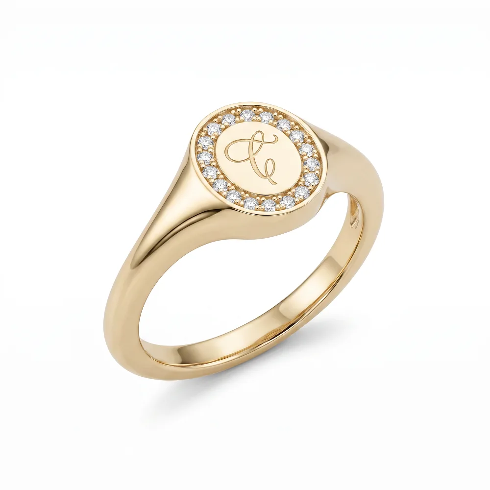 Engravable Halo Signet Ring (2) Engravable Halo Signet Ring - 10K / 14K / 18K Gold (Yellow / White / Rose) lab diamond/moissanite/lab gemstone - Image 1
