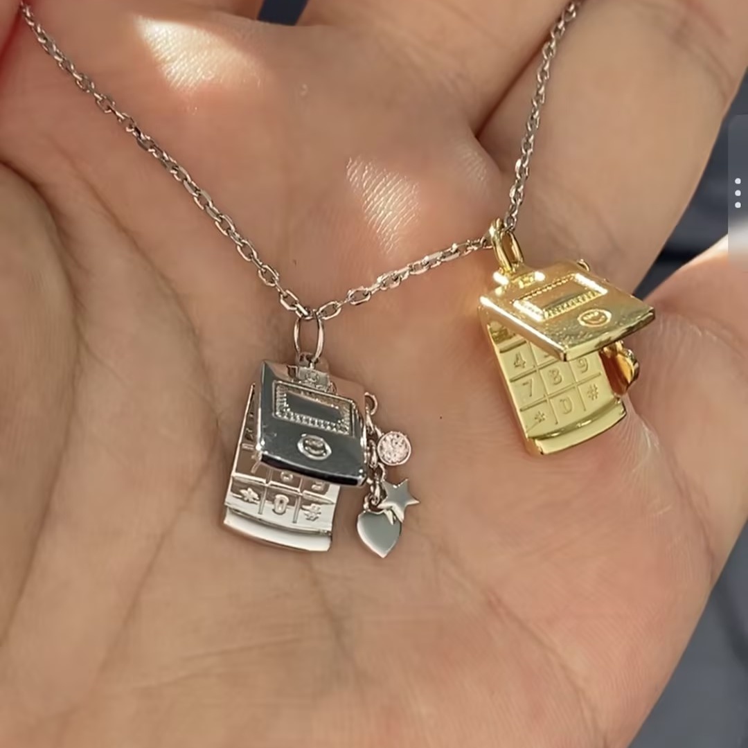 Memory Flip Phone Pendant (2) Memory Flip Phone Pendant - 10K / 14K / 18K Gold (Yellow / White / Rose) lab diamond/moissanite/color gemstone - Image 1