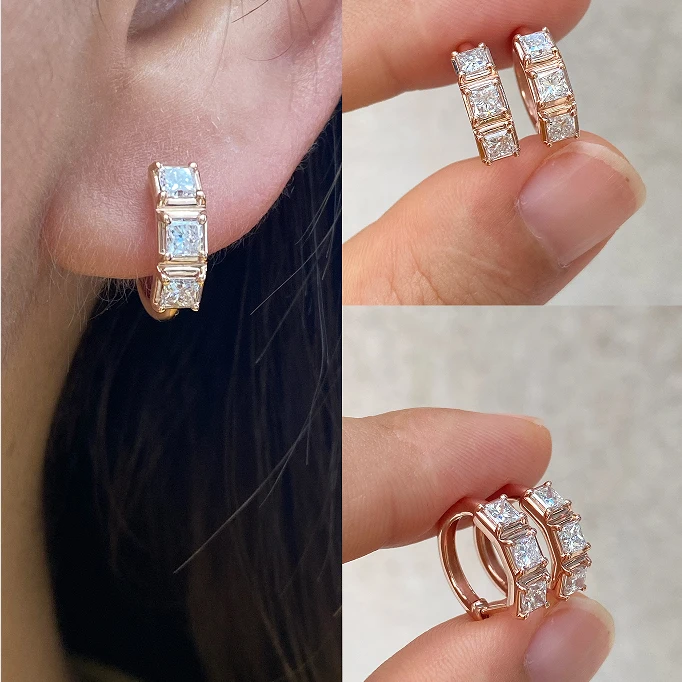 1.2ctw Princess Cut Huggie Earrings (1) 1.2ctw Princess Cut Huggie Earrings - 10K / 14K / 18K Gold (Yellow / White / Rose) / Platinum lab diamond/moissanite/lab gemstone - Image 1