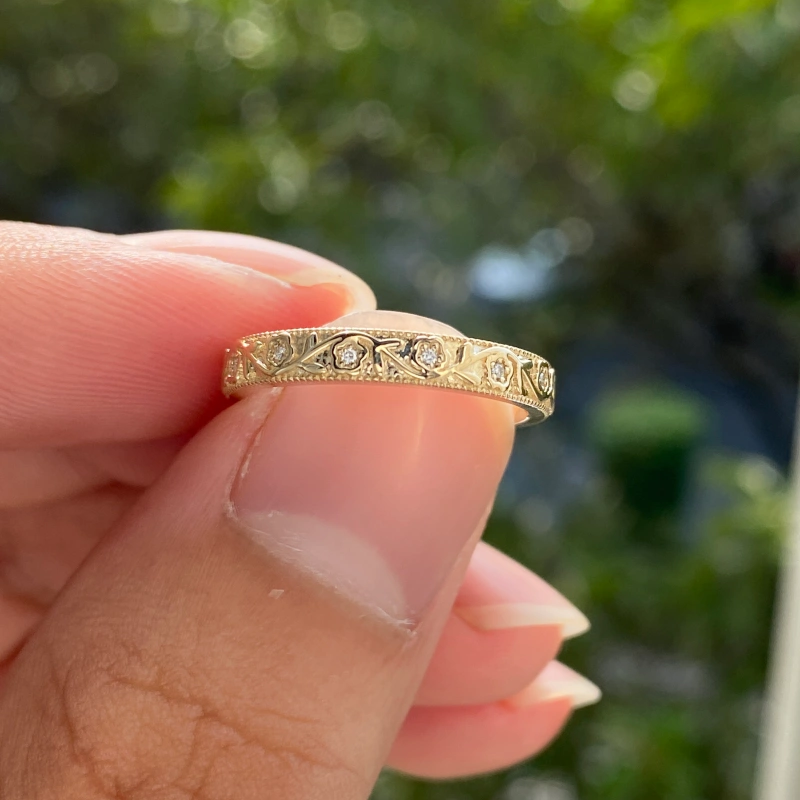 Milgrain Flower Engraved Band (3) Milgrain Flower Engraved Band - 10K / 14K / 18K Gold (Yellow / White / Rose) lab diamond/color gemstone - Image 1