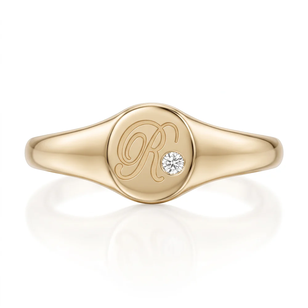 0.03ct Round Cut Signet Ring (1) Round Cut Signet Ring - 10K / 14K / 18K Gold (Yellow / White / Rose) lab grown diamond/White Moissanite/Lab grown gemstone - Image 1